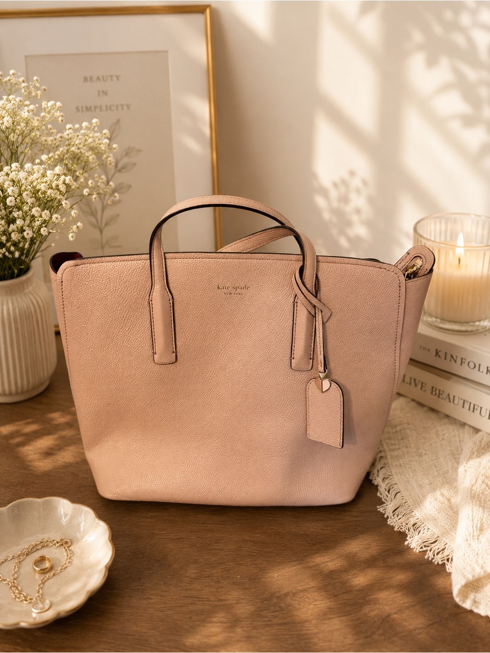 kate spade blush pink leather tote with top handles